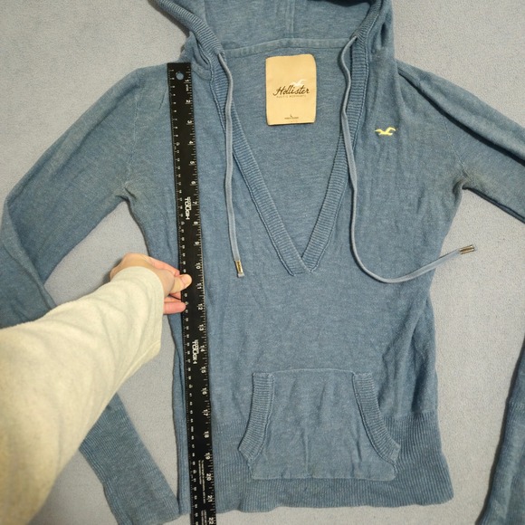 Y2K vintage Hollister Blue Knit V Neck Hoodie Pullover Sweater Womens Size L - Picture 5 of 8